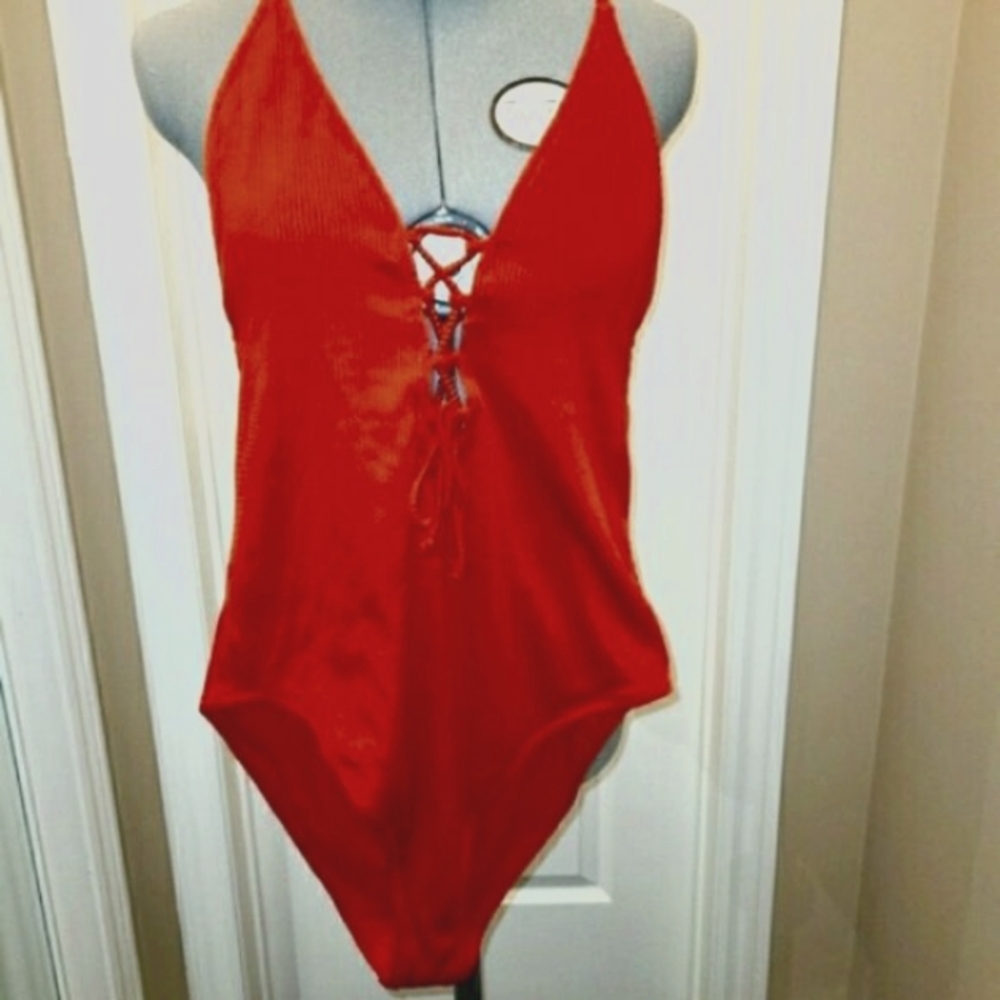 Cupshe red one-piece swimsuit lace-up front XL fits L